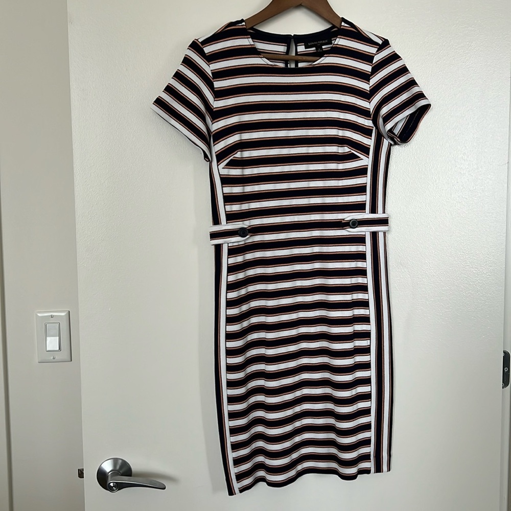 Banana Republic Crewneck Navy White and Peach Striped Dress